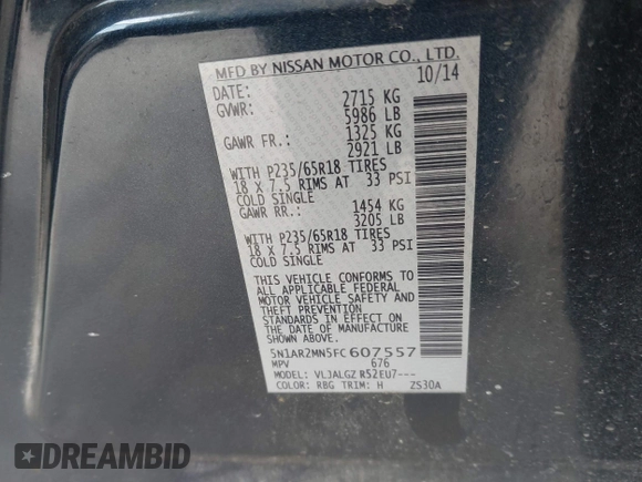 2015 Nissan Pathfinder SV with VIN 5N1AR2MN5FC607557, listed as a IAAI auction lot 41619329 with 151,498 mi miles and . Bid and sale history available at DreamBid. Image 9.