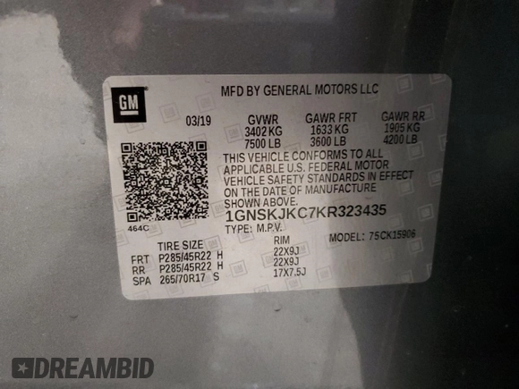 2019 Chevrolet Suburban Premier with VIN 1GNSKJKC7KR323435, listed as a Copart auction lot 43595885 with 79,813 mi miles and Salvage Title. Bid and sale history available at DreamBid. Image 13.