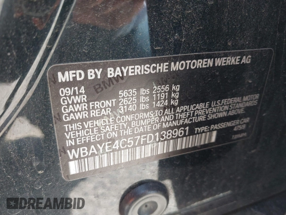 2015 BMW 7 Series 740Li with VIN WBAYE4C57FD138961, listed as a IAAI auction lot 42216122 with 224,740 mi miles and . Bid and sale history available at DreamBid. Image 9.