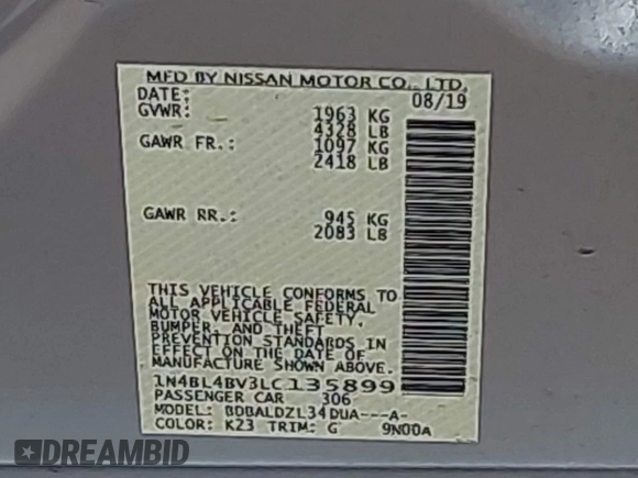 2020 Nissan Altima S with VIN 1N4BL4BV3LC135899, listed as a IAAI auction lot 41525809 with 107,246 mi miles and . Bid and sale history available at DreamBid. Image 9.
