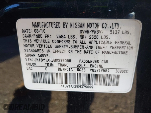2011 Infiniti M with VIN JN1BY1AR6BM375099, listed as a IAAI auction lot 41451079 with 228,226 mi miles and . Bid and sale history available at carsss.com. Image 9.