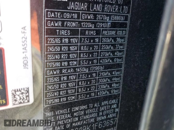 2019 Jaguar I-Pace HSE z VIN SADHD2S19K1F63657, wystawiony jako Copart lot #57858324 z przebiegiem 67 648 mil mil oraz Szkoda całkowita • Salvage title. Historia ofert i sprzedaży dostępna na DreamBid. Obrazek 14.