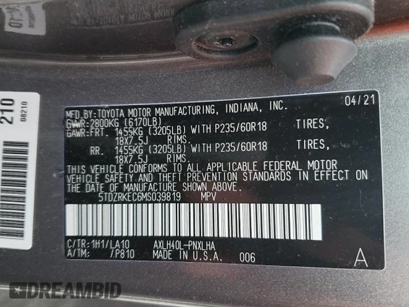 2021 Toyota Sienna Limited z VIN 5TDZRKEC6MS039819, wystawiony jako Copart lot #56318785 z przebiegiem Nie podano mil oraz Szkoda całkowita • Salvage title. Historia ofert i sprzedaży dostępna na DreamBid. Obrazek 13.
