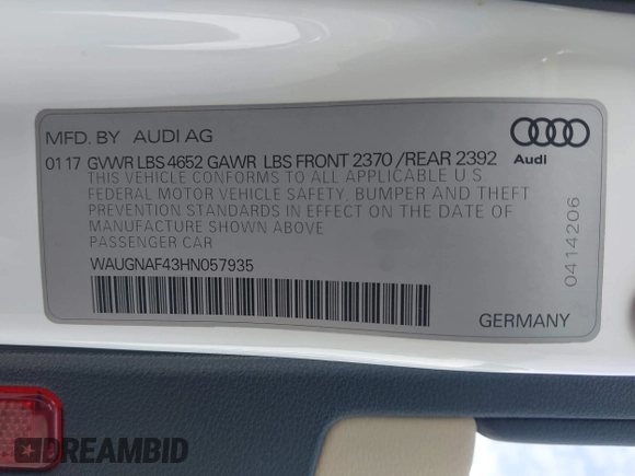 2017 Audi A4 Premium with VIN WAUGNAF43HN057935, listed as a IAAI auction lot 42631720 with 93,593 mi miles and . Bid and sale history available at DreamBid. Image 9.