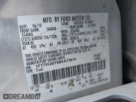 2011 Ford F-250 XL with VIN 1FT7W2BT8BEA73610, listed as a IAAI auction lot 41358875 with 261,563 mi miles and . Bid and sale history available at DreamBid. Image 9.