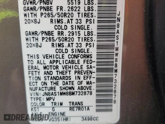2011 Infiniti FX35 with VIN JN8AS1MW8BM732878, listed as a Copart auction lot 50667565 with 166,993 mi miles and Clean Title. Bid and sale history available at carsss.com. Image 13.