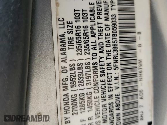 2007 Honda Odyssey EX-L with VIN 5FNRL38657B059033, listed as a Copart auction lot 54005495 with 212,674 mi miles and Salvage Title. Bid and sale history available at DreamBid. Image 13.