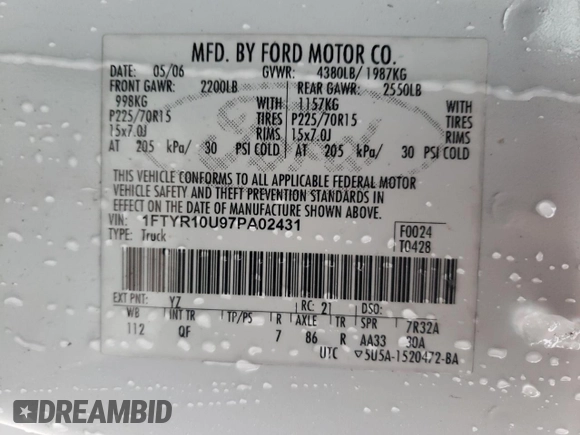 2007 Ford Ranger XL with VIN 1FTYR10U97PA02431, listed as a Copart auction lot 43237415 with 960,841 mi miles and Salvage title. Bid and sale history available at DreamBid. Image 14.