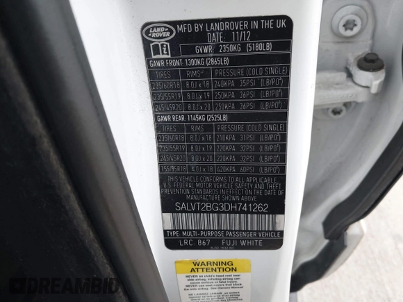 2013 Land Rover Range Rover Evoque Dynamic Premium z VIN SALVT2BG3DH741262, wystawiony jako IAAI lot #41059302 z przebiegiem Nie podano mil oraz . Historia ofert i sprzedaży dostępna na DreamBid. Obrazek 9.
