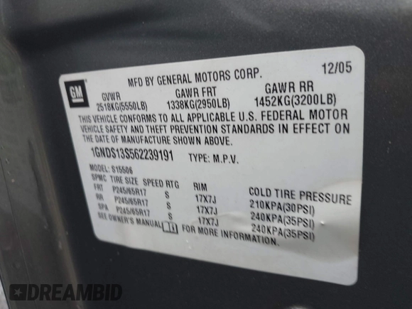2006 Chevrolet TrailBlazer LS with VIN 1GNDS13S562239191, listed as a IAAI auction lot 41723168 with 154,210 mi miles and . Bid and sale history available at DreamBid. Image 9.