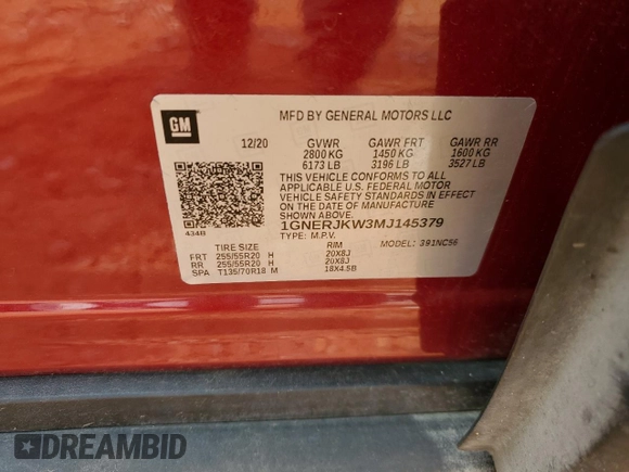 2021 Chevrolet Traverse RS with VIN 1GNERJKW3MJ145379, listed as a Copart auction lot 54296345 with 67,817 mi miles and Salvage title. Bid and sale history available at DreamBid. Image 14.