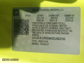 2019 Chevrolet Camaro 1LT with VIN 1G1FA1RS5K0156256, listed as a Copart auction lot 49217325 with 0 mi miles and Salvage Title. Bid and sale history available at carsss.com. Image 13.