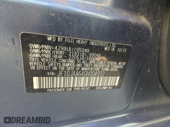 2016 Subaru Impreza z VIN JF1GJAA64GH004932, wystawiony jako Copart lot #87751265 z przebiegiem 99 587 mil mil oraz Czysty tytuł • Clean title. Historia ofert i sprzedaży dostępna na DreamBid. Obrazek 10.