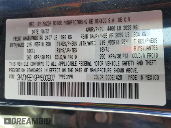 2023 Mazda CX-30 Premium Plus with VIN 3MVDMBEY9PM500907, listed as a Copart auction lot 70871494 with 38,599 mi miles and Salvage title. Bid and sale history available at DreamBid. Image 13.