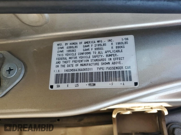2006 Honda Accord LX с VIN 1HGCM56436A065311, выставлен на аукционе Copart как лот 52353555 с пробегом 254 675 миль миль и Списание • Salvage title. История ставок и продаж доступна на DreamBid. Изображение 13.
