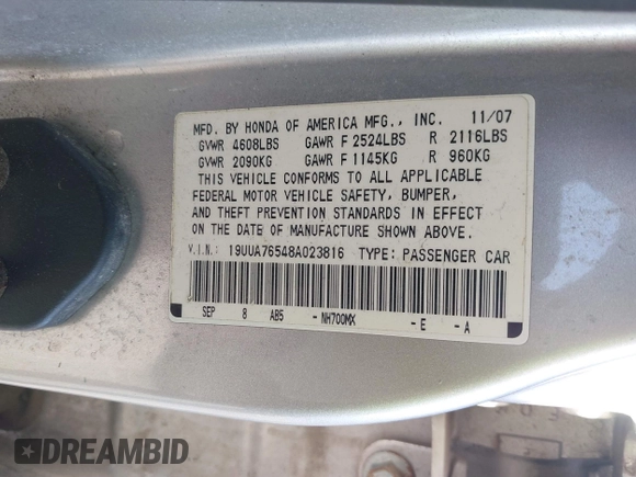 2008 Acura TL Type-S with VIN 19UUA76548A023816, listed as a IAAI auction lot 41759640 with 1 mi miles. Bid and sale history available at carsss.com. Image 9.