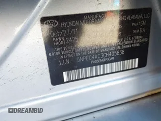 2012 Hyundai Sonata Limited with VIN 5NPEC4AC3CH405838, listed as a IAAI auction lot 41646808 with 188,986 mi miles and . Bid and sale history available at DreamBid. Image 9.