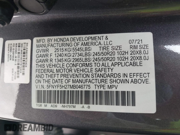 2021 Honda Pilot Special Edition with VIN 5FNYF5H27MB046775, listed as a IAAI auction lot 41867951 with 66,108 mi miles and . Bid and sale history available at DreamBid. Image 9.