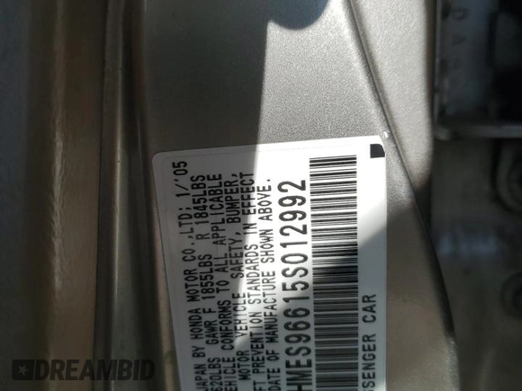 2005 Honda Civic with VIN JHMES96615S012992, listed as a Copart auction lot 50015585 with Not Provided miles and Clean Title. Bid and sale history available at DreamBid. Image 12.