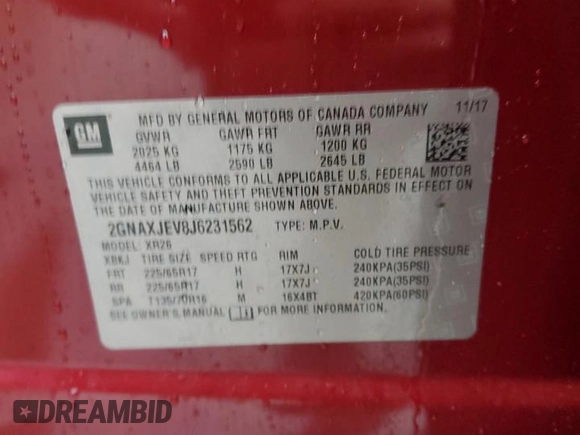 2018 Chevrolet Equinox LT with VIN 2GNAXJEV8J6231562, listed as a Copart auction lot 45574745 with 110,517 mi miles and Salvage Title. Bid and sale history available at carsss.com. Image 15.