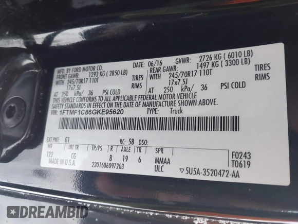 2016 Ford F-150 XL with VIN 1FTMF1C86GKE95620, listed as a IAAI auction lot 41618387 with 63,470 mi miles. Bid and sale history available at carsss.com. Image 9.