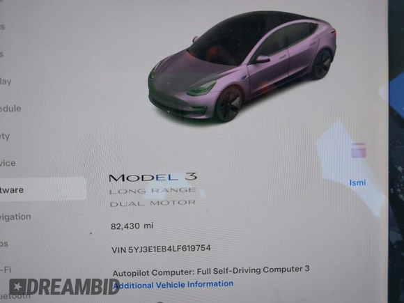 2020 Tesla Model 3 Long Range with VIN 5YJ3E1EB4LF619754, listed as a IAAI auction lot 41920422 with 82,430 mi miles and . Bid and sale history available at DreamBid. Image 14.