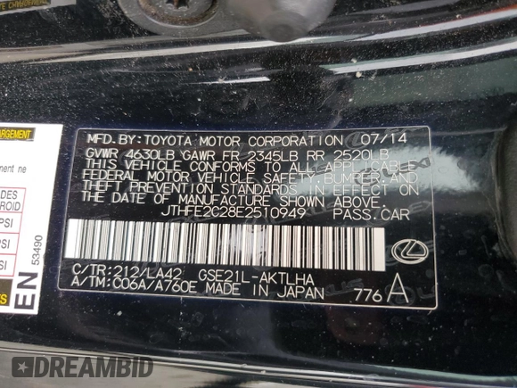 2014 Lexus IS 350 C with VIN JTHFE2C28E2510949, listed as a Copart auction lot 74630924 with Not provided miles and Non repairable. Bid and sale history available at DreamBid. Image 13.