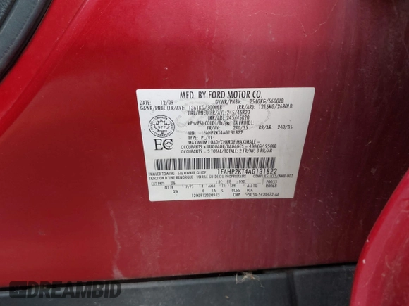 2010 Ford Taurus SHO with VIN 1FAHP2KT4AG131822, listed as a IAAI auction lot 42600456 with 257,934 mi miles and . Bid and sale history available at DreamBid. Image 9.