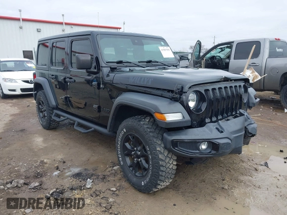 2021 Jeep Wrangler Unlimited Willys with VIN 1C4HJXDN8MW595665, listed as a IAAI auction lot 41507555 with 24,505 mi miles and . Bid and sale history available at DreamBid. Image 1.