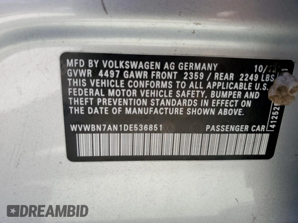 2013 Volkswagen CC R-Line z VIN WVWBN7AN1DE536851, wystawiony jako Copart lot #76972914 z przebiegiem 105 799 mil mil oraz Szkoda całkowita • Salvage title. Historia ofert i sprzedaży dostępna na DreamBid. Obrazek 12.