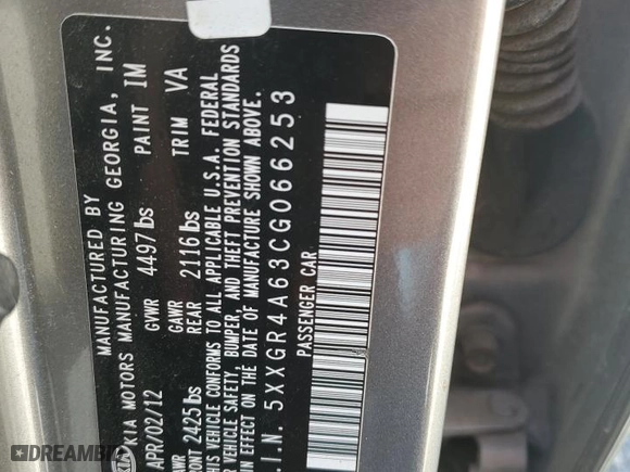 2012 Kia Optima SX with VIN 5XXGR4A63CG066253, listed as a Copart auction lot 48519485 with 175,544 mi miles and Salvage Title. Bid and sale history available at carsss.com. Image 12.
