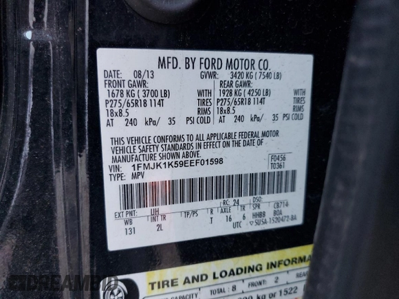 2014 Ford Expedition Max Limited z VIN 1FMJK1K59EEF01598, wystawiony jako Copart lot #81776194 z przebiegiem Nie podano mil oraz Czysty tytuł • Clean title. Historia ofert i sprzedaży dostępna na DreamBid. Obrazek 13.