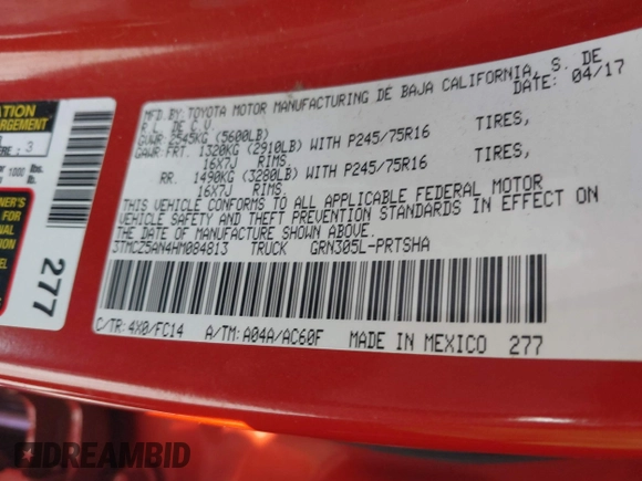 2017 Toyota Tacoma SR5 with VIN 3TMCZ5AN4HM084813, listed as a IAAI auction lot 41248285 with 118,797 mi miles. Bid and sale history available at carsss.com. Image 9.