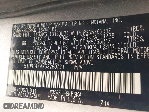 2006 Toyota Sequoia SR5 with VIN 5TDBT44AX6S260731, listed as a IAAI auction lot 42106200 with 223,927 mi miles and . Bid and sale history available at DreamBid. Image 9.
