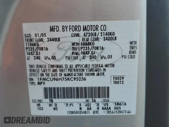 2005 Ford Escape Hybrid with VIN 1FMCU96H75KC95236, listed as a Copart auction lot 54528685 with 186,511 mi miles and Clean title. Bid and sale history available at DreamBid. Image 13.