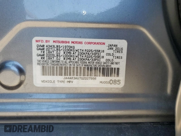 2016 Mitsubishi Outlander ES z VIN JA4AR3AU7GZ027998, wystawiony jako Copart lot #56218135 z przebiegiem Nie podano mil oraz Szkoda całkowita • Salvage title. Historia ofert i sprzedaży dostępna na DreamBid. Obrazek 13.