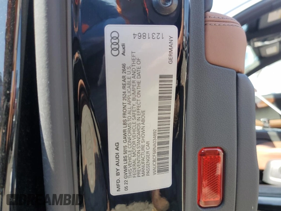 2022 Audi A5 Sportback Premium Plus with VIN WAUCBCF58NA034892, listed as a Copart auction lot 47989574 with 44,537 mi miles and . Bid and sale history available at DreamBid. Image 12.
