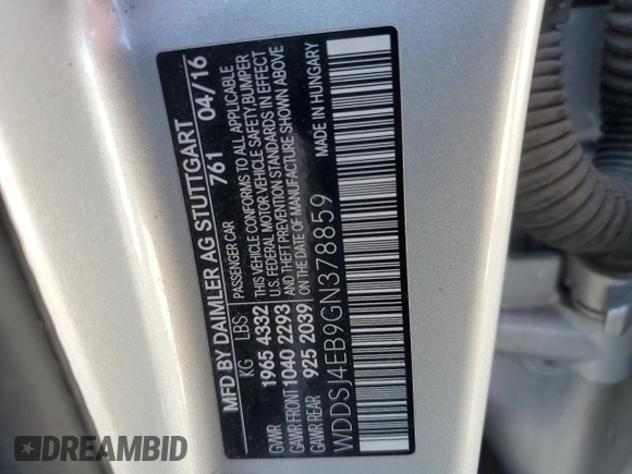 2016 Mercedes-Benz CLA 250 with VIN WDDSJ4EB9GN378859, listed as a Copart auction lot 38437834 with Not Provided miles and . Bid and sale history available at DreamBid. Image 12.
