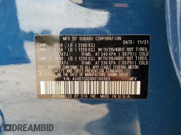 2022 Subaru Outback Wilderness with VIN 4S4BTGSD8N3166969, listed as a Copart auction lot 55516015 with 75,862 mi miles and Clean title. Bid and sale history available at DreamBid. Image 13.
