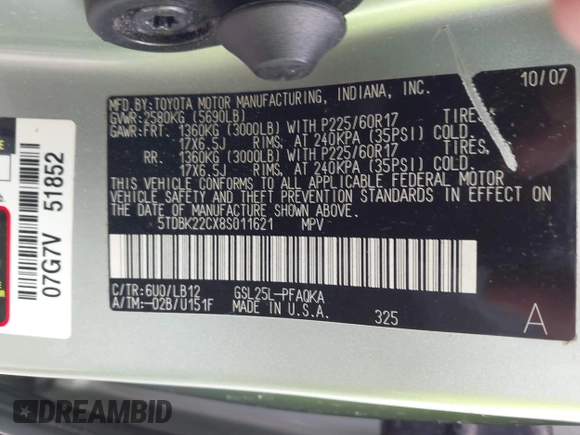 2008 Toyota Sienna XLE с VIN 5TDBK22CX8S011621, выставлен на аукционе IAAI как лот 42274860 с пробегом 283 826 миль миль и . История ставок и продаж доступна на DreamBid. Изображение 9.