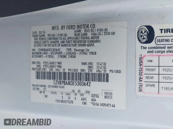 2014 Ford Mustang V6 with VIN 1ZVBP8AM3E5303642, listed as a IAAI auction lot 42559641 with 64,014 mi miles and . Bid and sale history available at DreamBid. Image 9.