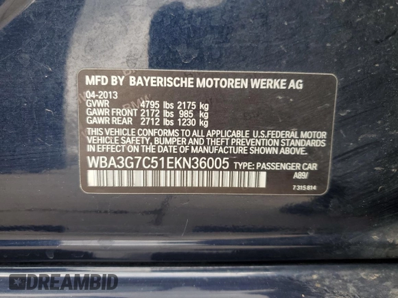 2014 BMW 3 Series 328i xDrive with VIN WBA3G7C51EKN36005, listed as a Copart auction lot 51489485 with 96,688 mi miles and Salvage Title. Bid and sale history available at carsss.com. Image 12.