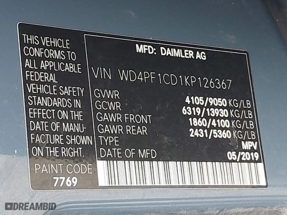 2019 Mercedes-Benz Sprinter Cargo Van with VIN WD4PF1CD1KP126367, listed as a IAAI auction lot 40745609 with 140,903 mi miles. Bid and sale history available at carsss.com. Image 9.