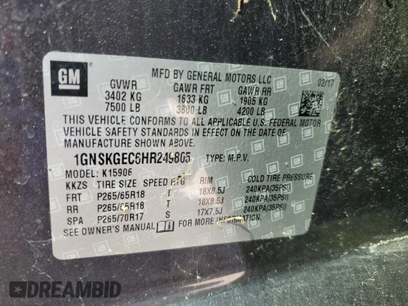 2017 Chevrolet Suburban LS с VIN 1GNSKGEC6HR249805, выставлен на аукционе Copart как лот 57065065 с пробегом Не указан миль и Списание • Salvage title. История ставок и продаж доступна на DreamBid. Изображение 13.
