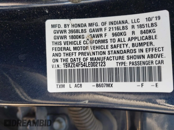 2020 Honda Insight EX with VIN 19XZE4F54LE002123, listed as a IAAI auction lot 41973984 with 90,155 mi miles and . Bid and sale history available at carsss.com. Image 9.