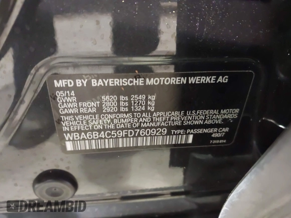 2015 BMW 6 Series 650i xDrive with VIN WBA6B4C59FD760929, listed as a IAAI auction lot 41397531 with Not Provided miles and . Bid and sale history available at carsss.com. Image 9.
