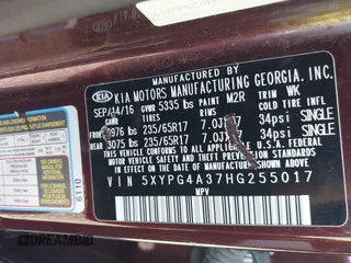 2017 Kia Sorento LX with VIN 5XYPG4A37HG255017, listed as a IAAI auction lot 42090967 with 122,021 mi miles. Bid and sale history available at carsss.com. Image 9.