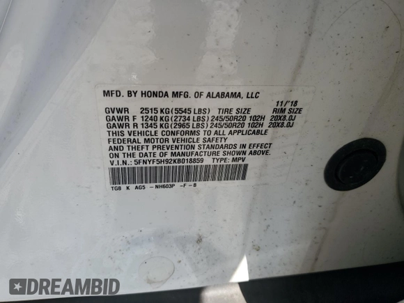 2019 Honda Pilot Touring 8-Passenger with VIN 5FNYF5H92KB018859, listed as a Copart auction lot 81676884 with 84,900 mi miles and Salvage Title. Bid and sale history available at carsss.com. Image 13.