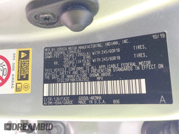 2019 Toyota Highlander LE with VIN 5TDZZRFH8KS362902, listed as a IAAI auction lot 42134460 with 40,102 mi miles and . Bid and sale history available at DreamBid. Image 9.