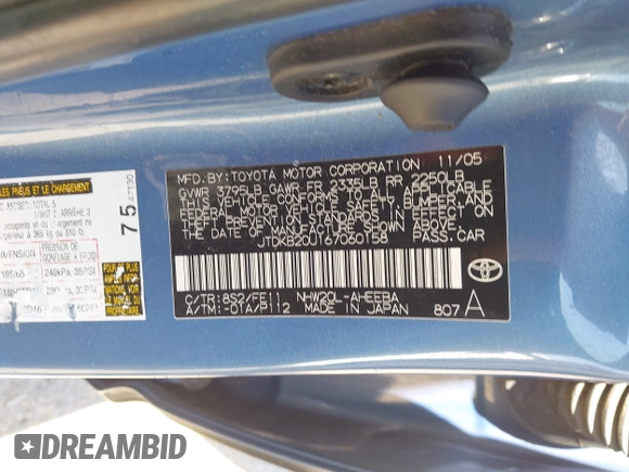2006 Toyota Prius with VIN JTDKB20U167060158, listed as a IAAI auction lot 41833528 with 1 mi miles. Bid and sale history available at carsss.com. Image 9.